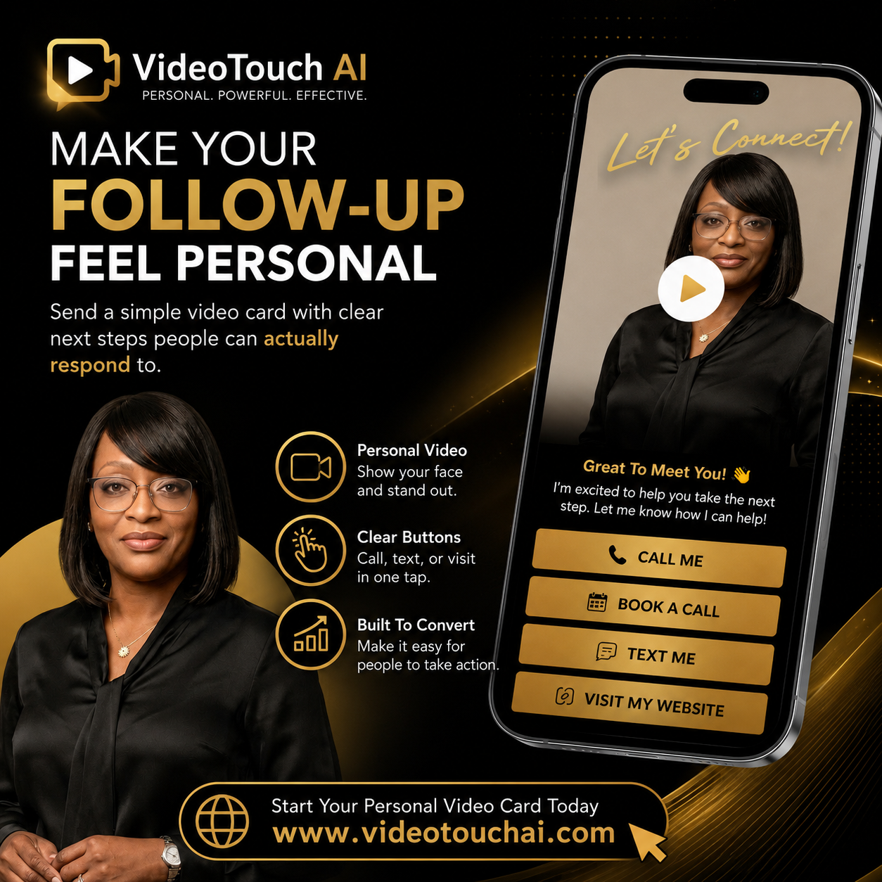 VideoTouch AI follow-up video card example with Call Me, Book a Call, Text Me, and Visit Website buttons